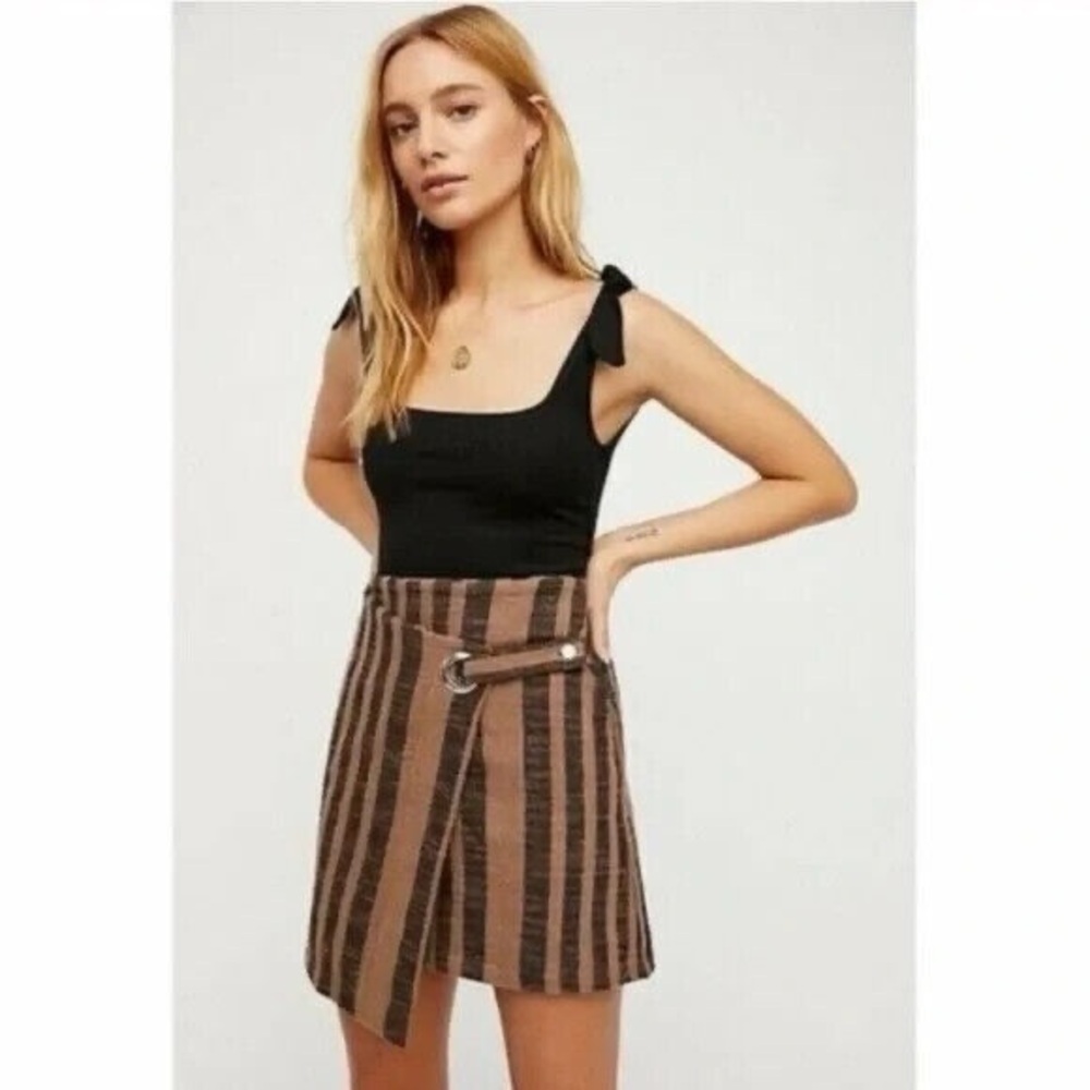 Free People Black and Brown Striped wrap Mini Skirt XS